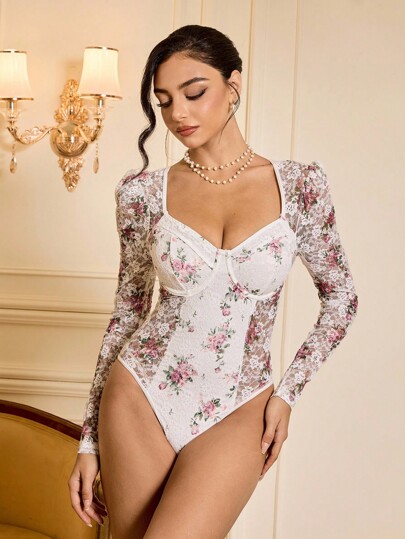 Glamine Charm Floral Print Sweetheart Neck Lace Bodysuit For Holiday Party Clothes Fall Cloth For Women