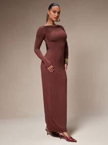 Silquee 女式纯色圆领长袖褶皱修身优雅连衣裙