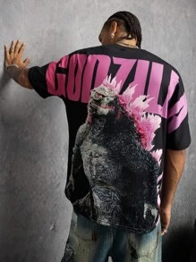 GODZILLAxKONG X SHEIN Men's Casual Monster & Letter Graphic Round Neck Short Sleeve T-Shirt, Summer - Black - View 1