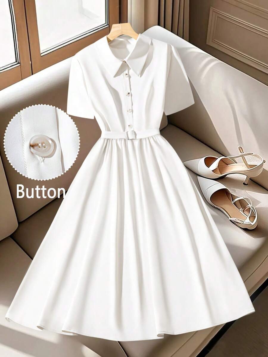 Regalyn Plus Size Solid Color Front Button Belted Summer Elegant Short Sleeve Dress