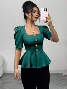 Elenzga 女式夏季衬衫，方领，短袖，金属纽扣装饰，破洞下摆，腰部设计，梭织面料，优雅百搭的日常时尚 - 綠色 - 查看 6