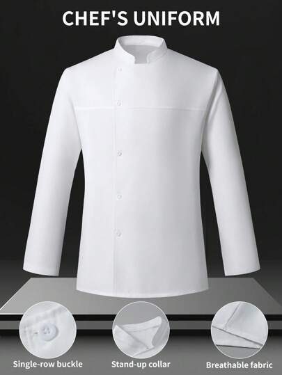 Manfinity Homme Men's Solid Color Stand Collar Long Sleeve Single-Breasted Chef Shirt Chef Jacket Men Stand Collar Men Men White Chef Shirt