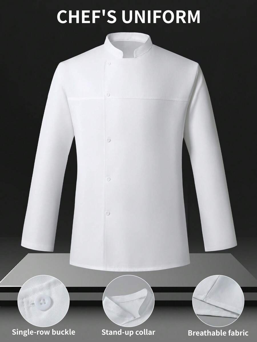 Manfinity Homme 男士纯色立领长袖单排扣厨师衬衫厨师夹克男士立领男士男士白色厨师衬衫 - 白色 - 查看 1