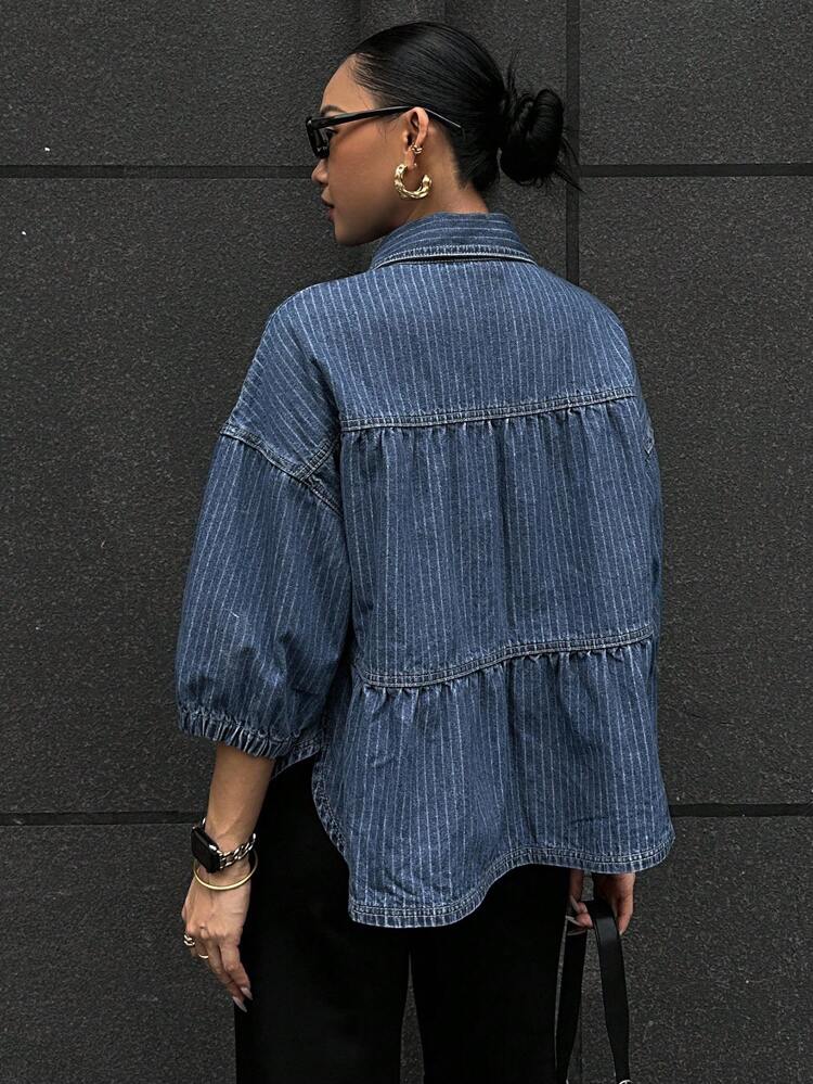 Women's Turndown Collar Puff Sleeve Loose Casual Denim Blouse