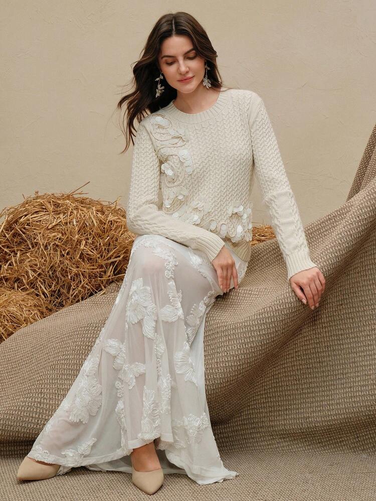 Women's Beaded Embroidered Sweater, Suitable For Fall, Summer, Spring, New Year, Party, Wedding, Elegant, Chic, Stylish, Christmas, Business Casual