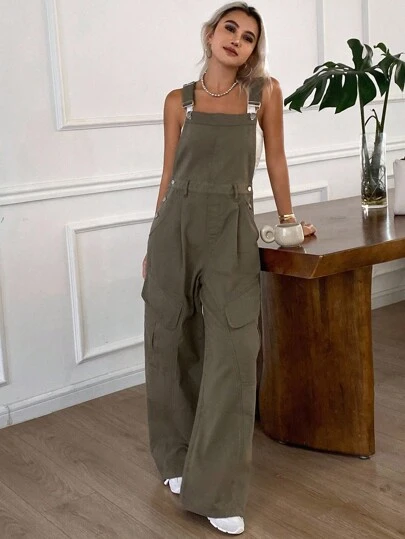 Livesso 女式宽松休闲纯色大口袋牛仔工装裤