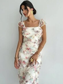 Firerie 女士优雅浪漫度假海滩约会假日下午茶，暑假返校季服装，多色网眼刺绣修身针织连衣裙，适合夏季穿着，婚礼宾客服装，适合多种场合 - 彩色 - 查看 4