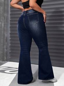 SHEIN ICON Quần jeans ống loe rách co giãn màu xanh đậm mùa hè cỡ lớn cho nữ - Rửa tối - Xem 2
