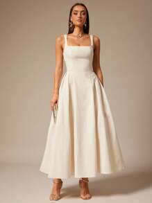 Silquee Women's Solid Color Pleated Design Square Neck Sleeveless Elegant Mid-Length Dress Cream Dress A Line Formal Dress Ankle Length Dress Ivory Dress Suitable For Daily, Dating, Going Out, Nightclub, Party, Autumn, Women's Summer Dresses, Tea Party Dresses