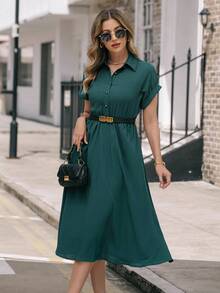 EMERY ROSE Batwing Sleeve Shirt Dress Without Belt Maxi Women Outfit - Dark Green - View 1