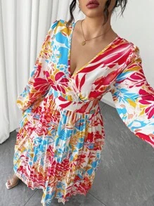 Elenzga Halloween Plus Size Women's Elegant Colorful Floral Print V-Neck Ruched Flared Hem High Slit Long Sleeve Maxi Dress Fall Cloth For Women - Multicolor - View 2