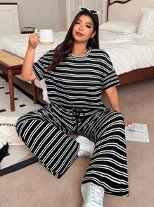 SHEIN EZwear 大码红色条纹T恤和裤子休闲两件套，夏季 - 黑色 - 查看 3