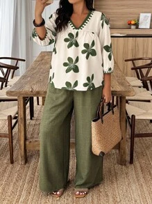 EMERY ROSE Plus Size Floral Print Shirt And Pants 2 Pieces Set, Vacation & Casual - White - View 6