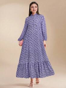 Al Najma 女士优雅碎花阿拉伯风格连衣裙 - 紫色 - 查看 3