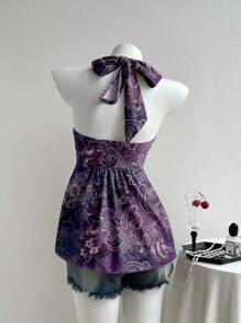 Comfortcana Women's Casual Retro Twist Knot Ruched Backless Halter Top,Off The Shoulder Top - Multicolor - View 2