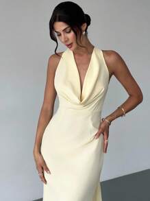 Firerie Elegant Pale Yellow Summmer Day Party Halter Deep V Backless Mermaid Maxi Dress, Glamorous Wedding Guest Formal Dresses For Vacation Graduation - Yellow - View 8