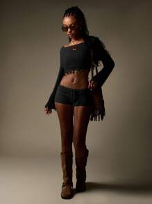 MISSGUIDED 波西米亚风露肩针织短款上衣长袖流苏装饰节日钩针毛衣秋冬休闲波西米亚风喇叭袖 - 黑色 - 查看 3