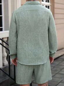 Manfinity Homme 2 件男士休闲通勤衬衫和短裤套装，秋季服装 - 綠色 - 查看 2
