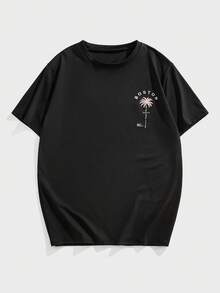 Manfinity VCAY Men's Summer Letter & Palm Tree Print Round Neck Short Sleeve Casual T-Shirt, Emo, 2000s Style - Black - View 2