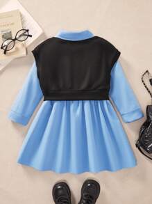 SHEIN Explorewe 年轻女孩的休闲宽松翻领长袖衬衫裙和简约徽标印花背心，适合上学和日常穿着 - 藍色 - 查看 2