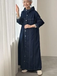 FRIFUL 女式休闲街头风格纽扣连帽直筒牛仔连衣裙