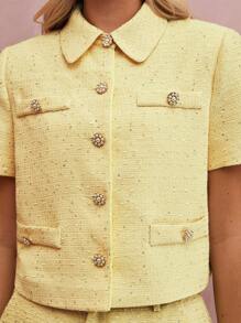 Enchnt 女士花卉纽扣短袖单排扣优雅夹克 - 黃色 - 查看 2