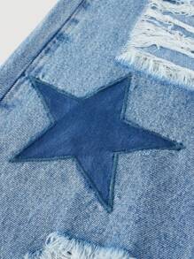 SHEIN Y2K 垃圾朋克女童宽松破洞星星拼色撞色阔腿男友牛仔裤，校园风，街头潮流 - 淺藍色 - 查看 4