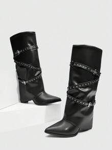 Daringsoles Botas occidentales de tacón grueso con punta puntiaguda y flecos para mujer, botas altas de ajuste ceñido - Negro - Ver 13