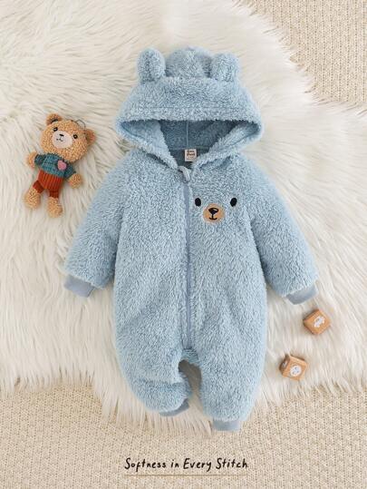 Cozy Pixies Body con gorro con orejas y estampado de oso de dibujos animados para bebé niño, talla grande grueso