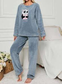 RueChic 2Pcs Pelush Panda Embroidery Detail PJ Set - Blue - View 5