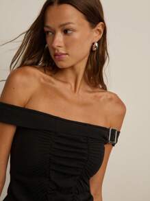 Nöista 露肩上衣，配有可调节金属扣肩带，正面有褶饰 - 藍色 - 查看 3