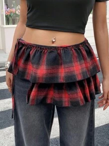 Dazy Plus Falda con cintura anudada y diseño de capas en tela a cuadros para mujer de talla grande - Burdeos - Ver 5
