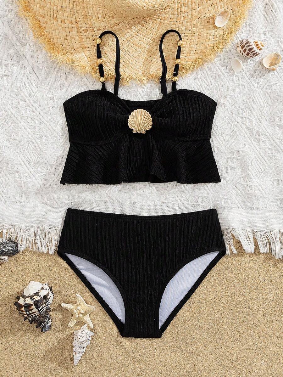 Set de 2 trajes de baño de unicolor y lindos para niñas y adolescentes, para playa y vacaciones de verano - Negro - Ver 1