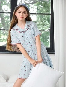 SHEIN 女童荷叶边领口前开褶皱樱桃格子印花睡袍 - 彩色 - 查看 7