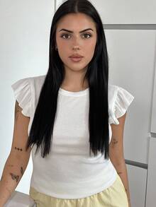 WYWH Vacation Ruffle Trim Ribbed White Knit Tee - White - View 4