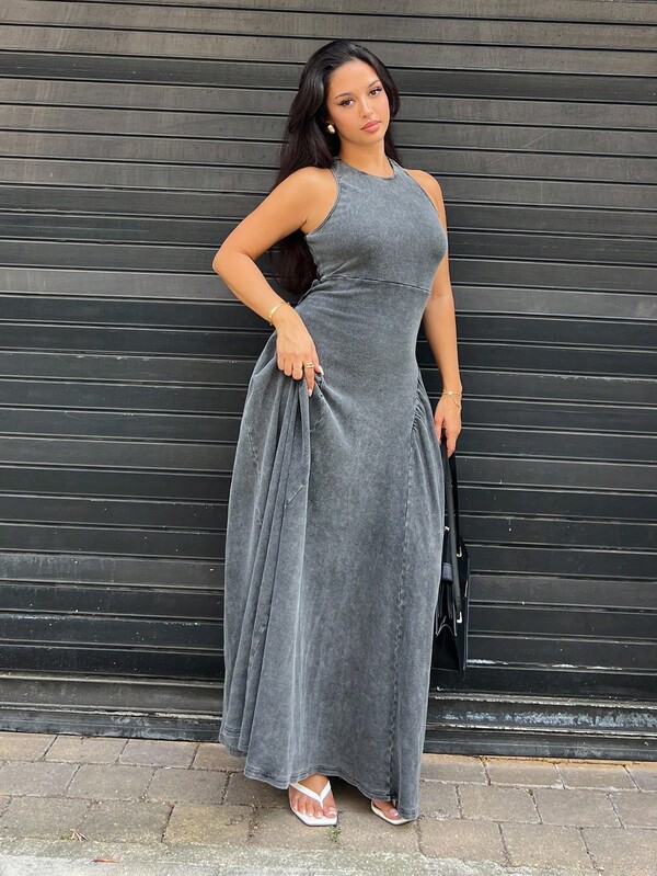 NegzBox Vestido negro con diseño con espalda descubierta y lavado desgastado, novedad del verano 2025