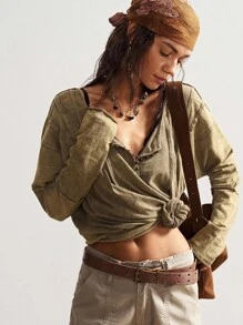 Bohemela 波西米亚风女式休闲纯色绿色圆领半扣前开宽松长袖水洗宽松 T 恤，适合女士农夫上衣，朴实上衣，复古西部乡村风格音乐会度假、外出、返校，适合秋冬季 - 橄欖綠 - 查看 3