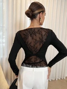 SHEIN Lavishia Áo thun nữ tay dài phối ren cài nút sau lưng thời trang - màu đen - Xem 3