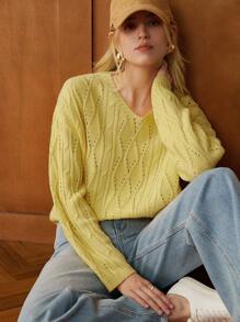 Écloséra 法式复古休闲宽松圆领长袖针织菱形镂空后背系带设计黄色女套头衫，春夏 - 黃色 - 查看 3
