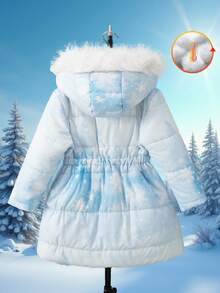 SHEIN Elladie kids 年轻女孩秋冬新款时尚可爱卡通公主加厚毛领连帽收腰中长款外套 - 藍色 - 查看 2