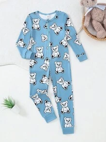 SHEIN Young Boy Bear Print Long Sleeve & Pants Flame Retardant Hooded Jumpsuit Bodysuit Loungewear - Multicolor - View 4