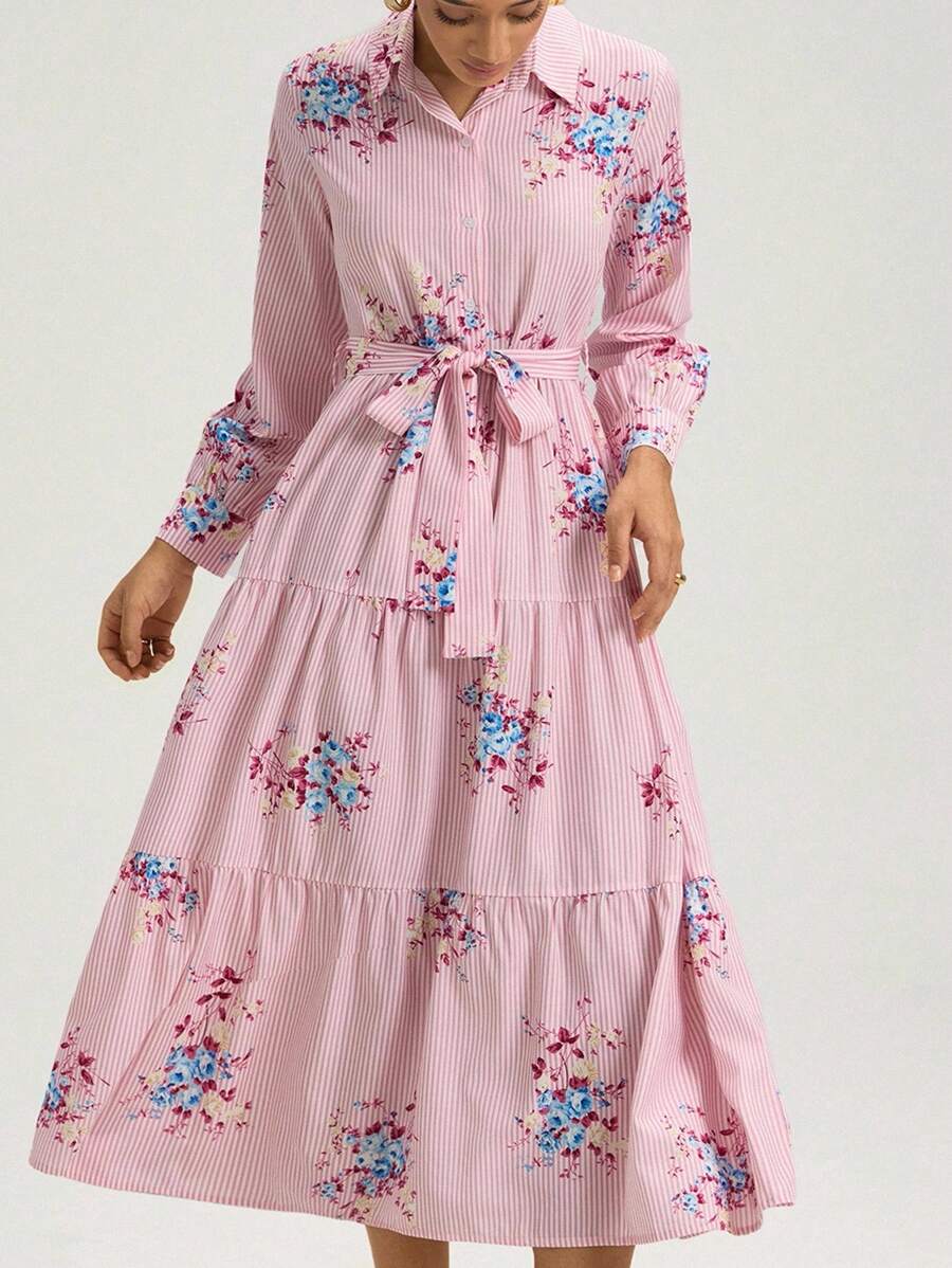 Aveloria Rosie 花卉条纹印花长袖衬衫裙，适合休闲穿着，女士秋季度假服装 - 粉色 - 查看 1