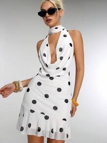 Jeanoix Women's Polka Dot Print Plunging Neck Sexy Fashion Halter Dress