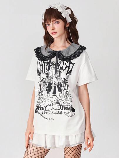 EDITION Camiseta casual de mujer con estampado de letra de personaje de dibujos animados y cuello Peter Pan de manga corta