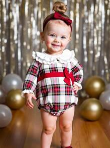 SHEIN 女婴优雅格子彼得潘领连体衣，秋季格子婴儿连体衣红色格子婴儿套装 - 彩色 - 查看 1