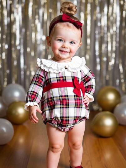 SHEIN 女婴优雅格子彼得潘领连体衣，秋季格子婴儿连体衣红色格子婴儿套装