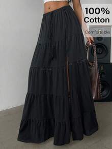 Siren Gaze Váy đi biển Boho 2025 dành cho nữ - Váy maxi xếp tầng vải lanh pha xẻ tà cao, cạp chun và viền ren, trang phục thiết yếu cho lễ hội âm nhạc và kỳ nghỉ | Váy chữ A mùa hè, mùa hè dành cho nữ, phụ nữ đi nghỉ, bãi biển - màu đen - Xem 6