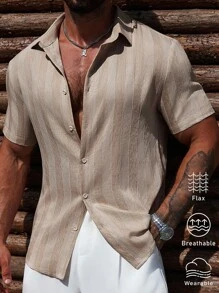 Manfinity CasualCool 条纹印花前开襟纽扣休闲短袖衬衫，男士亚麻提花条纹休闲短袖衬衫，夏季男士休闲装，简约百搭，适合日常通勤出行。 - 彩色 - 查看 4