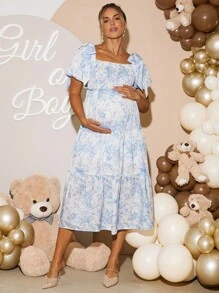 Loomaby 孕妇夏季休闲派对和度假花卉印花方领泡泡袖蝴蝶结装饰荷叶边下摆宽松连衣裙孕妇装婴儿洗礼连衣裙性别揭示连衣裙孕妇友好连衣裙蓝色花卉孕妇装 - 藍白色 - 查看 6