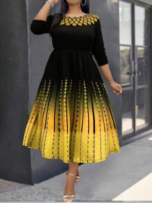 SHEIN Clasi 大码女式优雅渐变格子印花圆领A字中袖连衣裙长款女装 - 黃色 - 查看 5